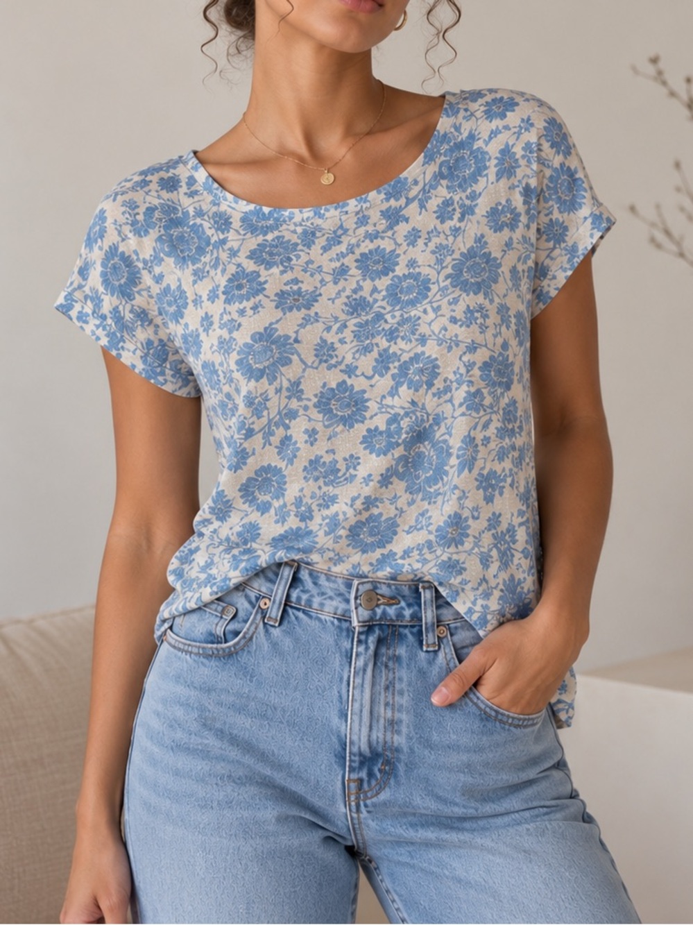 Blue Floral Short-Sleeve Top